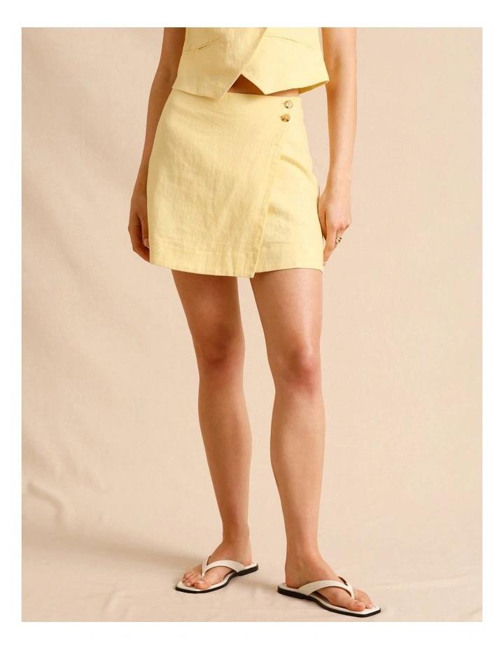 European Linen Asymmetric Button Skirt in Lemon image 2