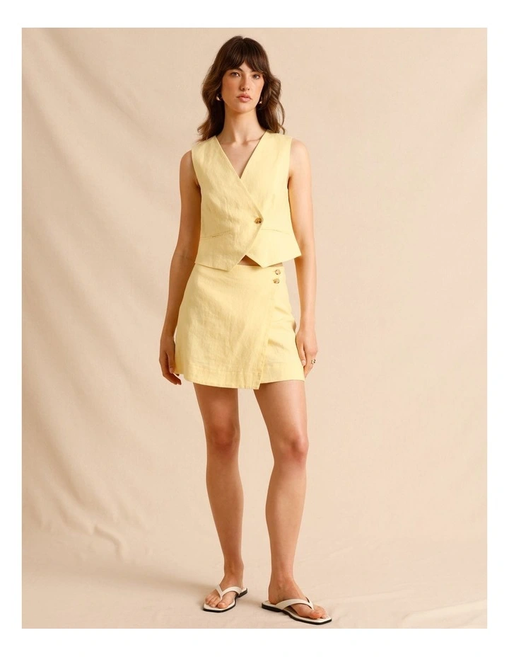 European Linen Asymmetric Button Skirt in Lemon image 3