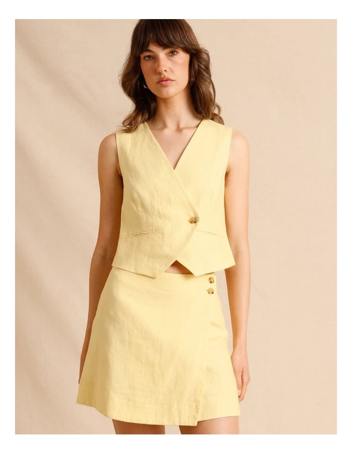 European Linen Asymmetric Button Skirt in Lemon image 4