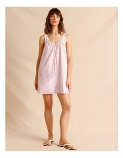 Lyocell Cotton Blend Tie Front Ruched Dress in Raspberry