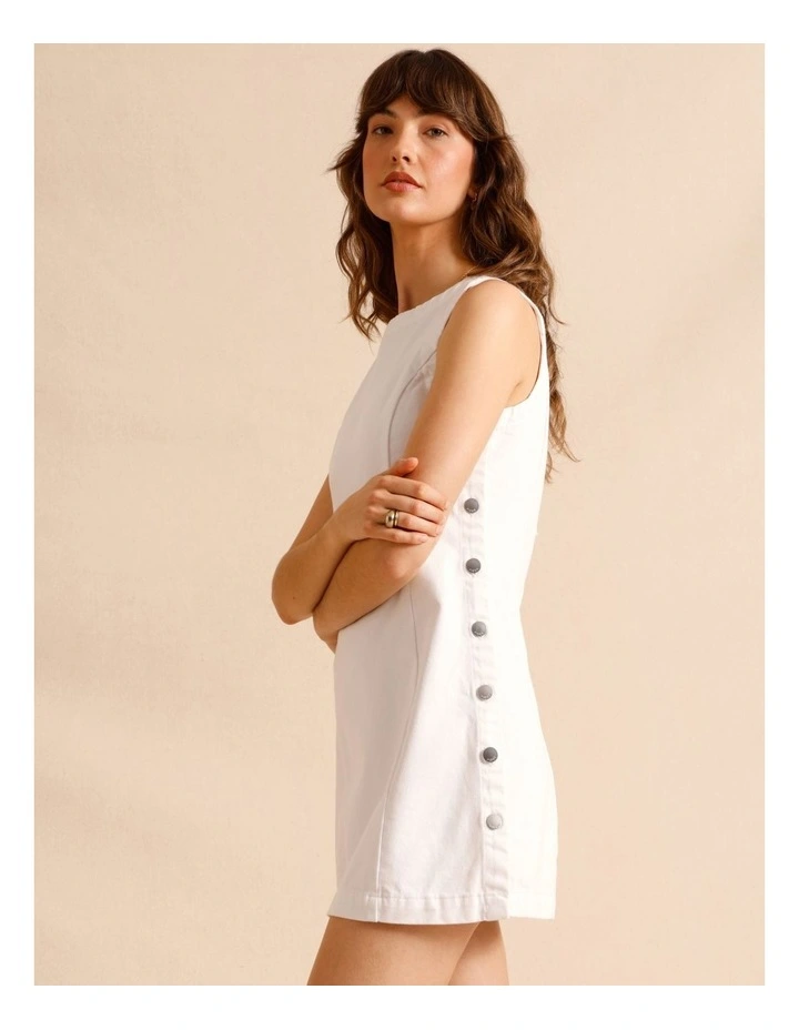 Recycled Cotton Blend Button Side Mini Dress in White image 3