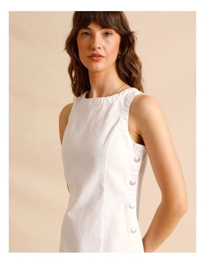 Recycled Cotton Blend Button Side Mini Dress in White image 4