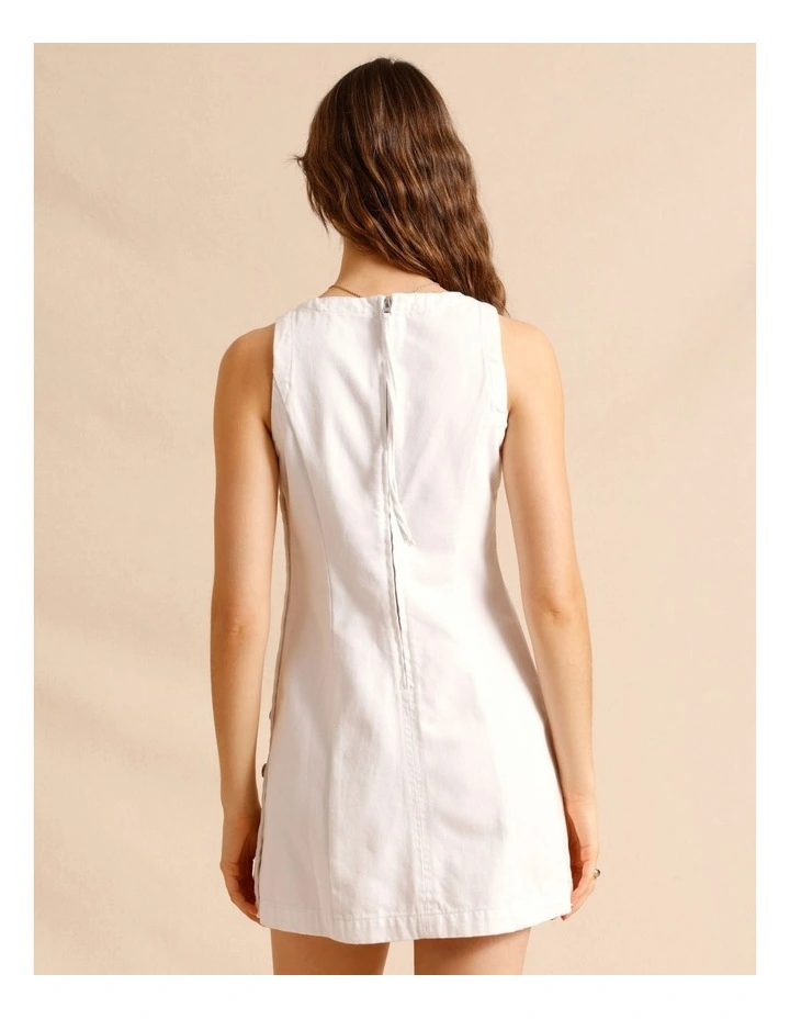 Recycled Cotton Blend Button Side Mini Dress in White image 5