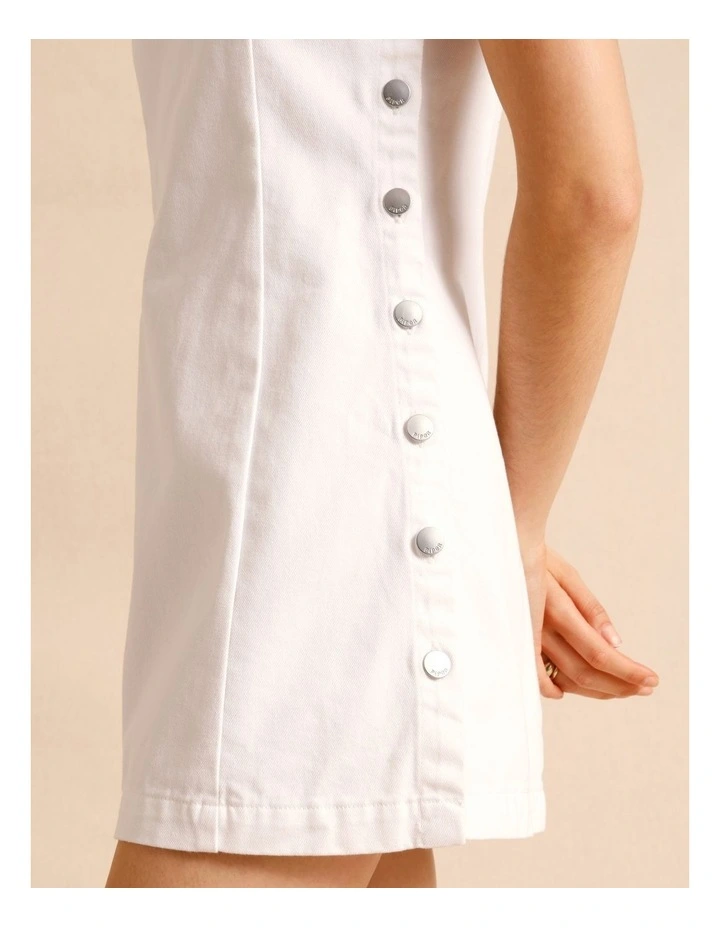 Recycled Cotton Blend Button Side Mini Dress in White image 6