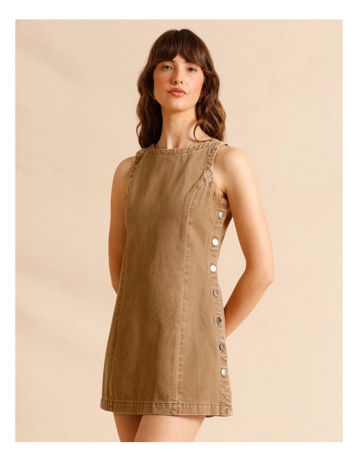Recycled Cotton Blend Button Side Mini Dress in Sand image 1