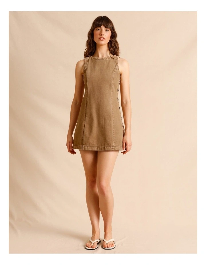 Recycled Cotton Blend Button Side Mini Dress in Sand image 2