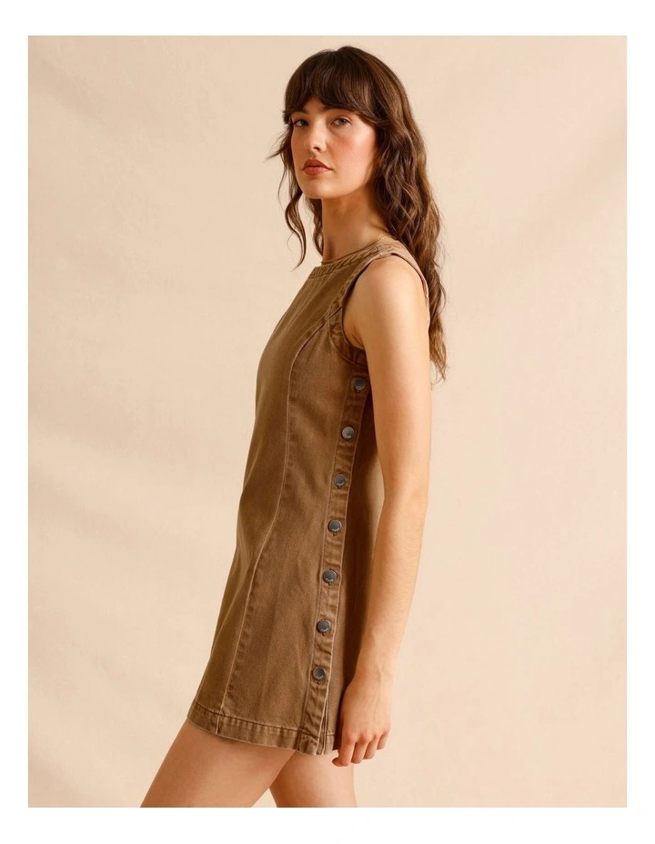 Recycled Cotton Blend Button Side Mini Dress in Sand image 3