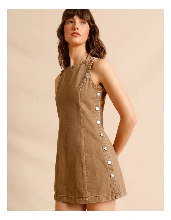 Recycled Cotton Blend Button Side Mini Dress in Sand image 5
