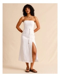 European Linen Strapless Midi Dress