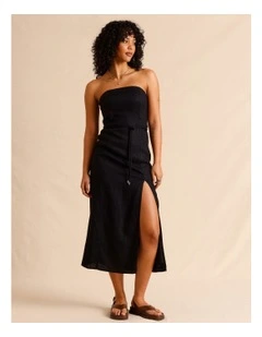 European Linen Strapless Midi Dress in Black