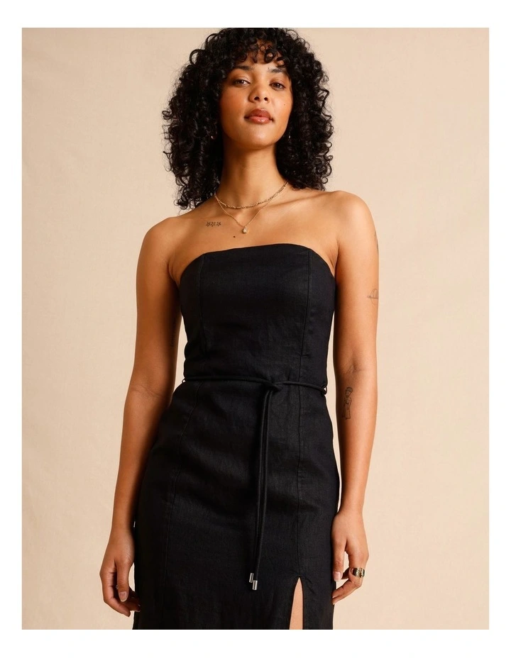 European Linen Strapless Midi Dress in Black image 2