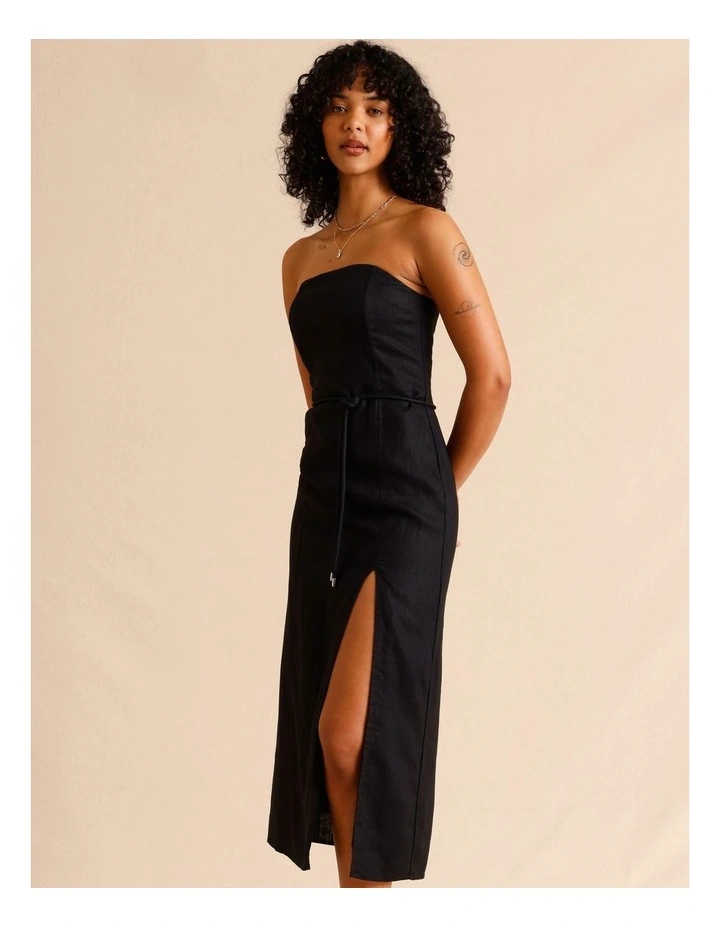 European Linen Strapless Midi Dress in Black image 3
