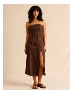 European Linen Strapless Midi Dress in Chocolate