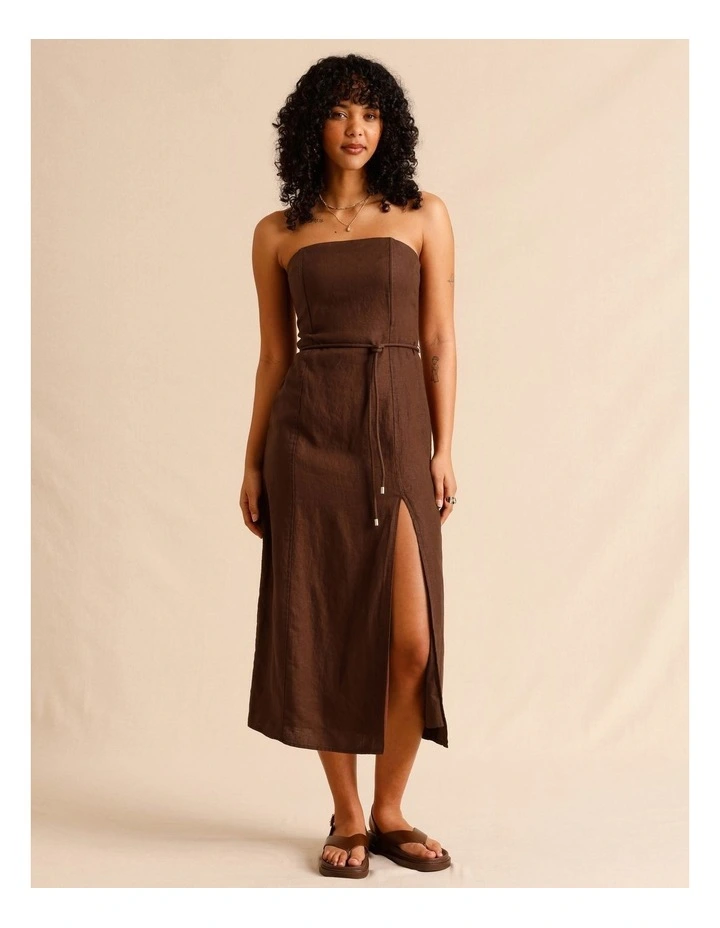 European Linen Strapless Midi Dress in Chocolate image 1