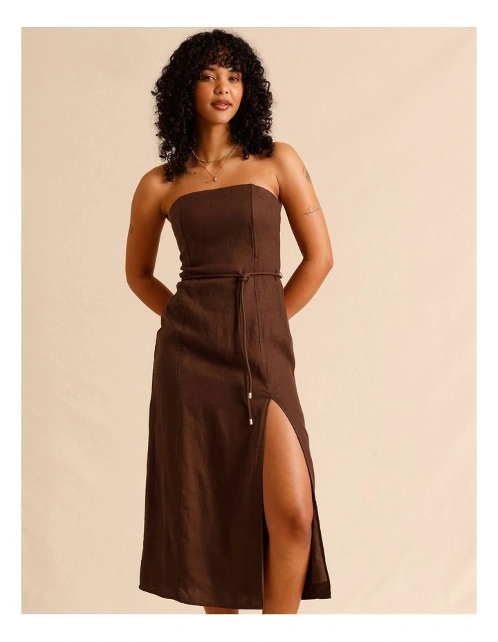 European Linen Strapless Midi Dress in Chocolate image 2