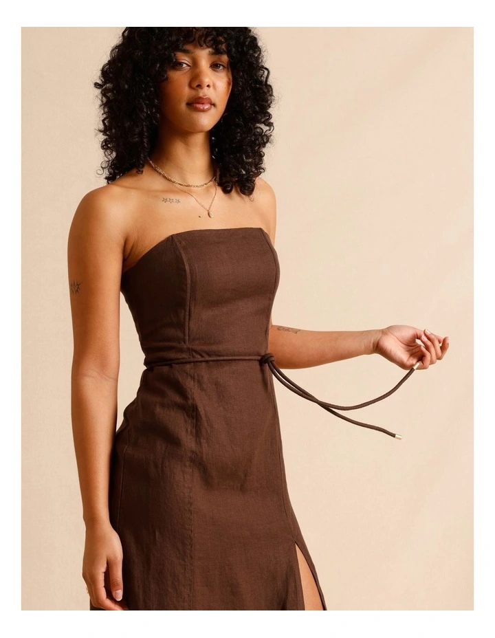 European Linen Strapless Midi Dress in Chocolate image 3