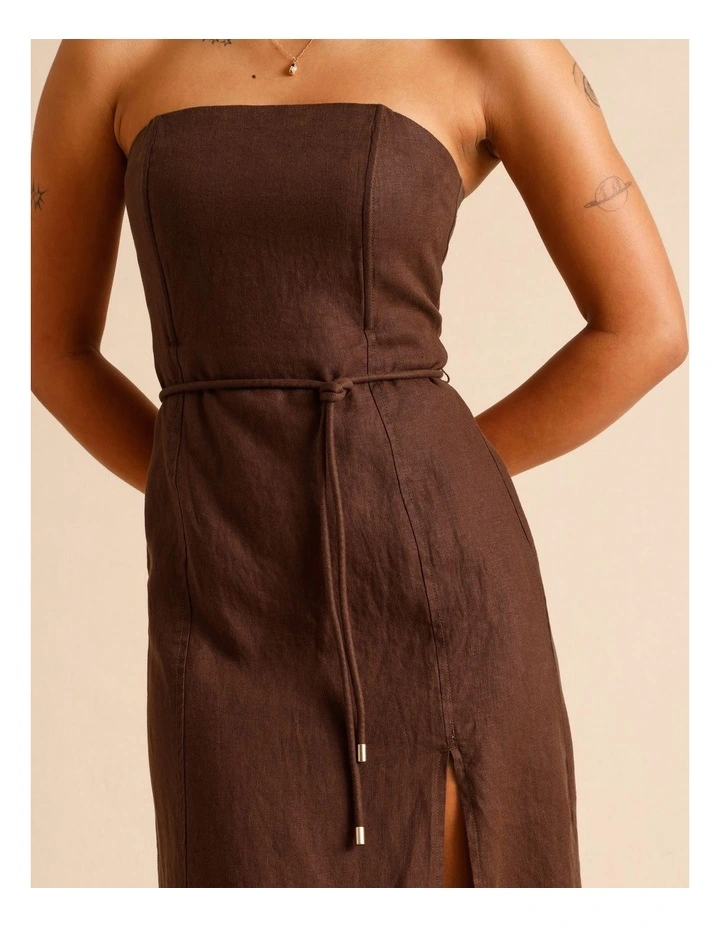 European Linen Strapless Midi Dress in Chocolate image 4