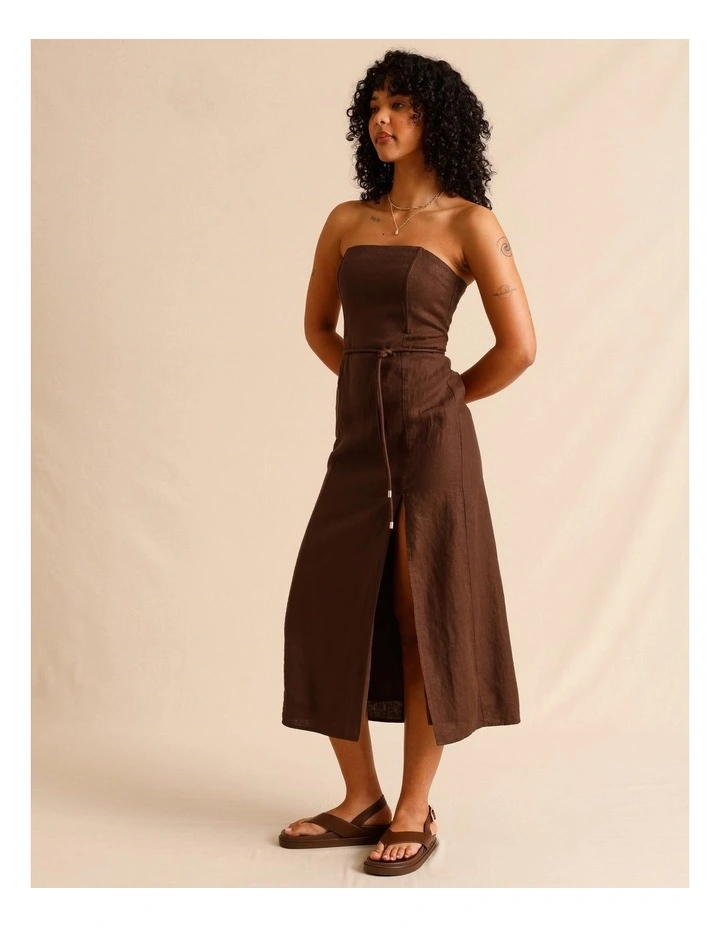 European Linen Strapless Midi Dress in Chocolate image 5