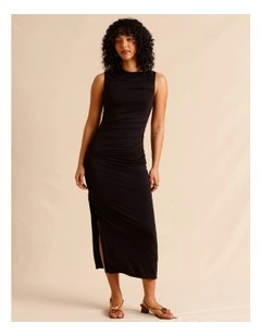 Tencel Blend Ruched Side Midi Dress in Black