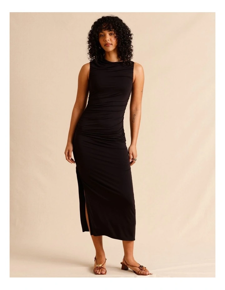 Tencel Blend Ruched Side Midi Dress in Black image 1