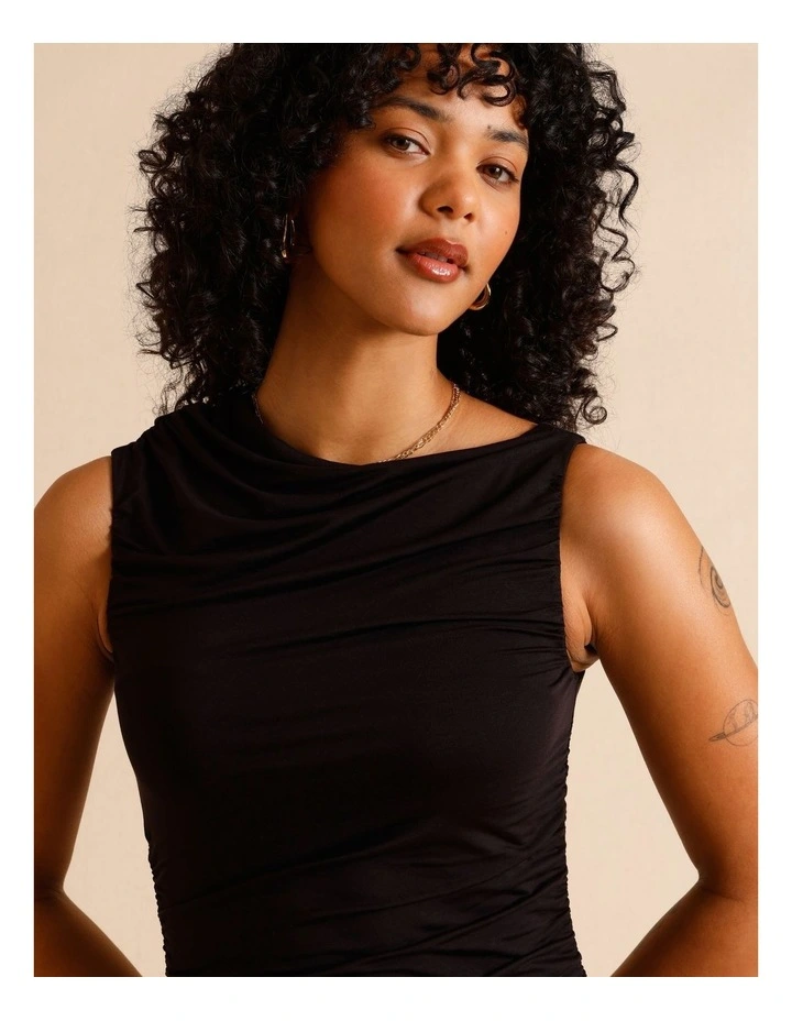 Tencel Blend Ruched Side Midi Dress in Black image 2