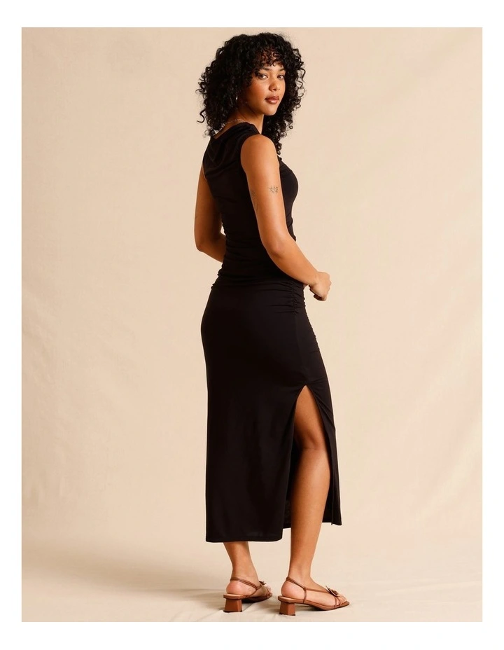 Tencel Blend Ruched Side Midi Dress in Black image 3