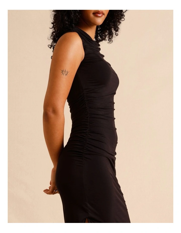 Tencel Blend Ruched Side Midi Dress in Black image 4