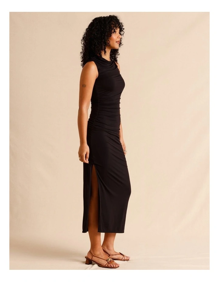 Tencel Blend Ruched Side Midi Dress in Black image 5