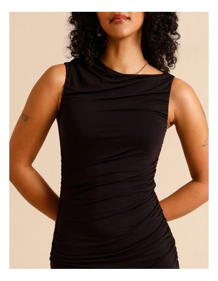 Tencel Blend Ruched Side Midi Dress in Black image 6