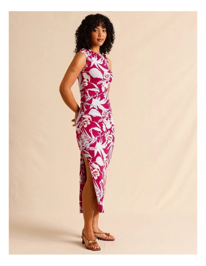 Tencel Blend Ruched Side Midi Dress in Burgundy image 3