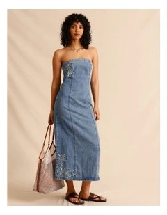 Recycled Cotton Blend Corded Denim Strapless Midi Dress in Mid Blues