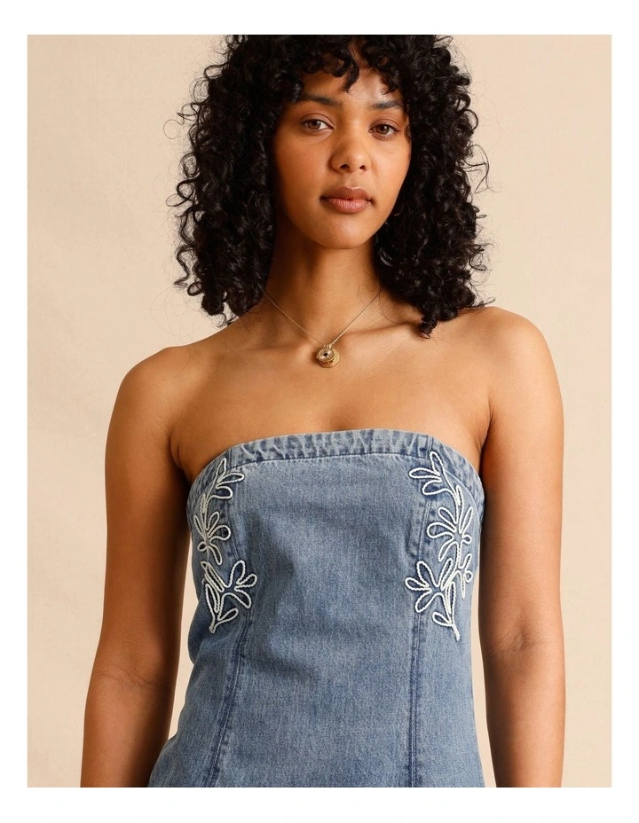 Recycled Cotton Blend Corded Denim Strapless Midi Dress in Mid Blues image 2