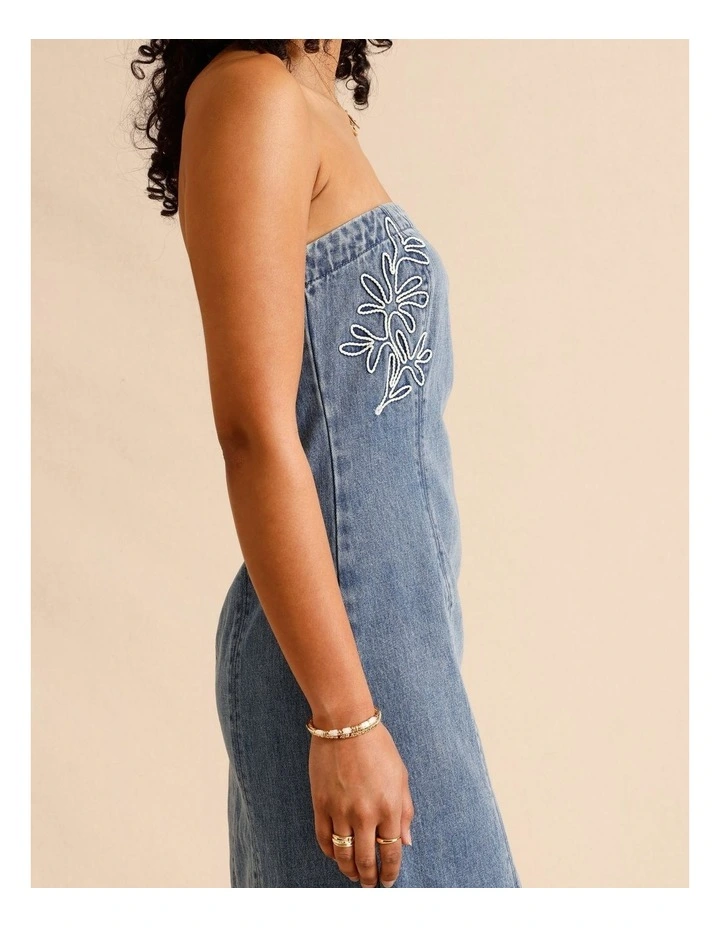 Recycled Cotton Blend Corded Denim Strapless Midi Dress in Mid Blues image 3