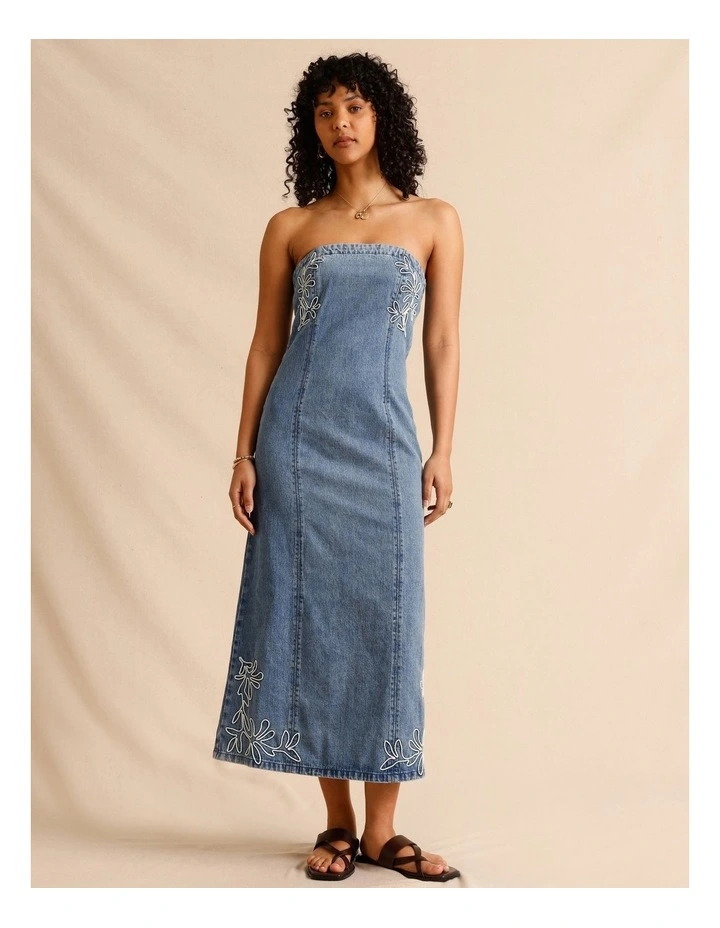 Recycled Cotton Blend Corded Denim Strapless Midi Dress in Mid Blues image 4
