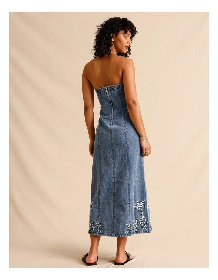 Recycled Cotton Blend Corded Denim Strapless Midi Dress in Mid Blues image 5