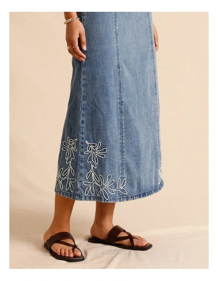 Recycled Cotton Blend Corded Denim Strapless Midi Dress in Mid Blues image 6