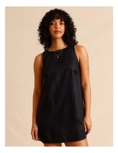European Linen Square Neckline Mini Dress in Black