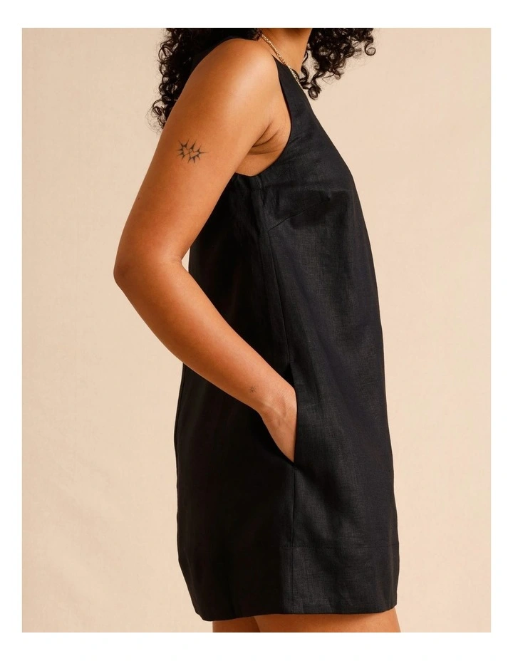 European Linen Square Neckline Mini Dress in Black image 2