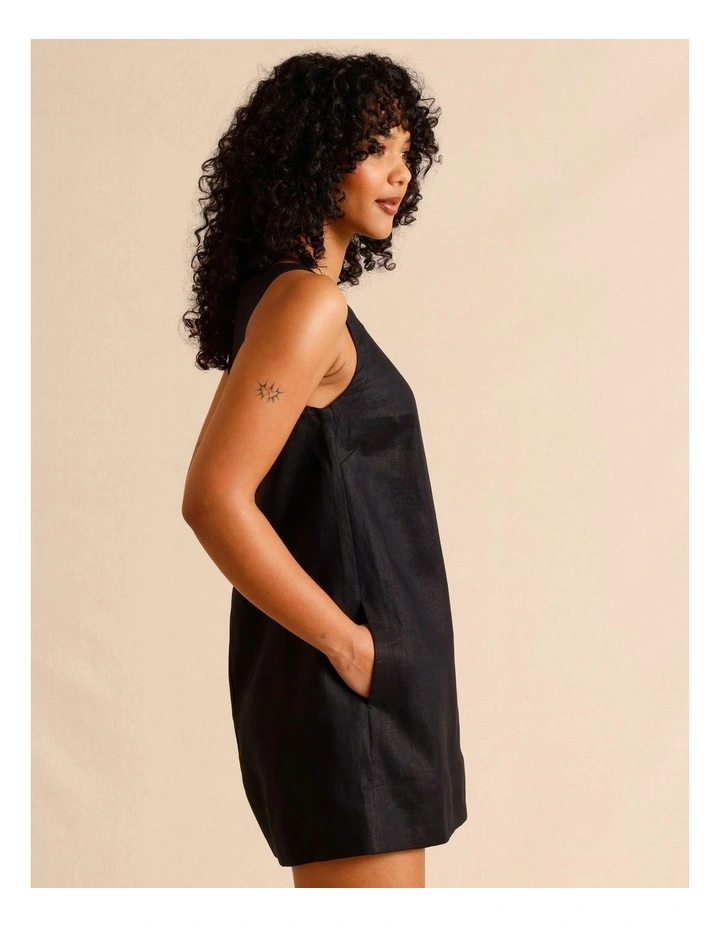 European Linen Square Neckline Mini Dress in Black image 4
