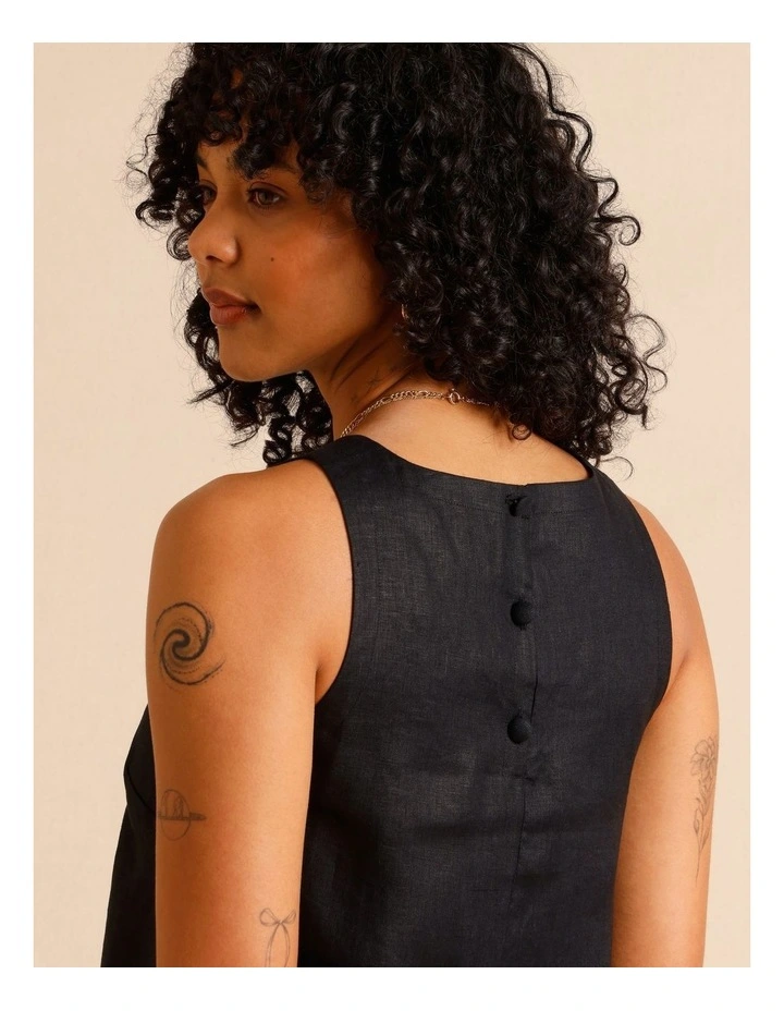 European Linen Square Neckline Mini Dress in Black image 5