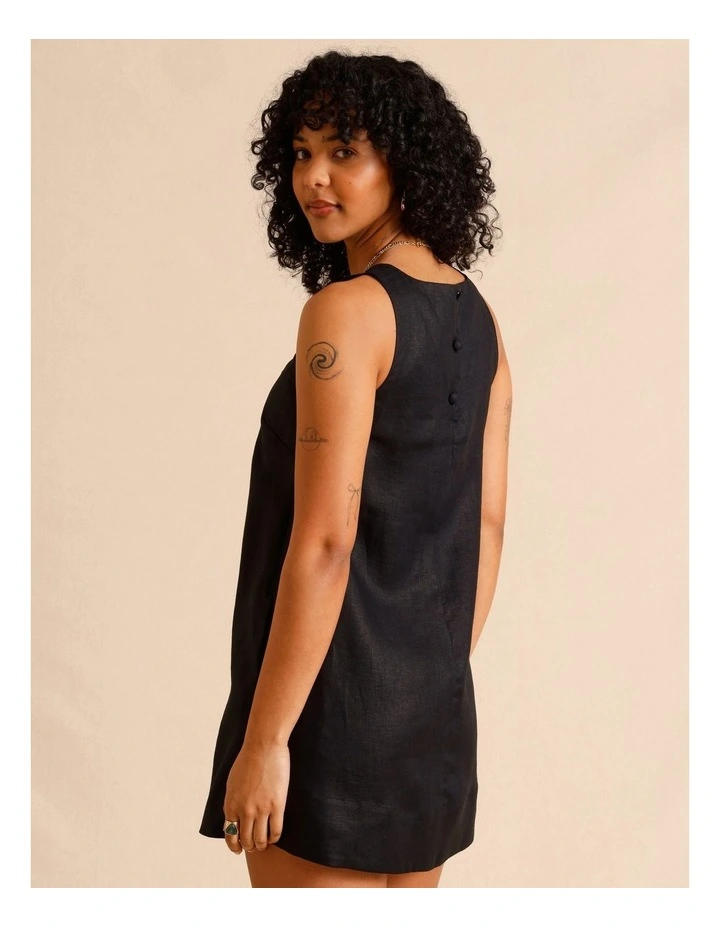 European Linen Square Neckline Mini Dress in Black image 6