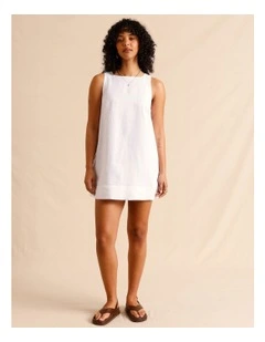European Linen Square Neckline Mini Dress in White