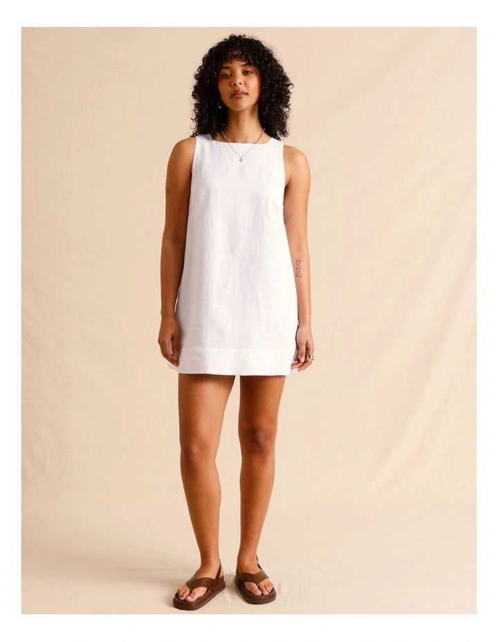European Linen Square Neckline Mini Dress in White image 1