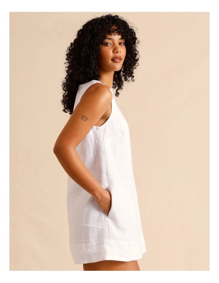 European Linen Square Neckline Mini Dress in White image 2