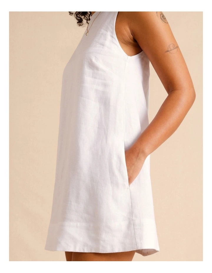 European Linen Square Neckline Mini Dress in White image 4