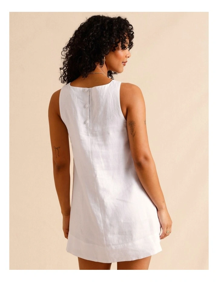 European Linen Square Neckline Mini Dress in White image 5