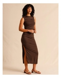 Tencel Blend Ruched Side Midi Dress in Chocolate