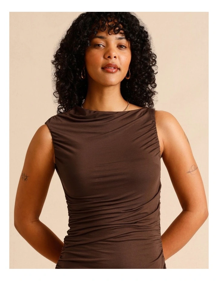 Tencel Blend Ruched Side Midi Dress in Chocolate image 2