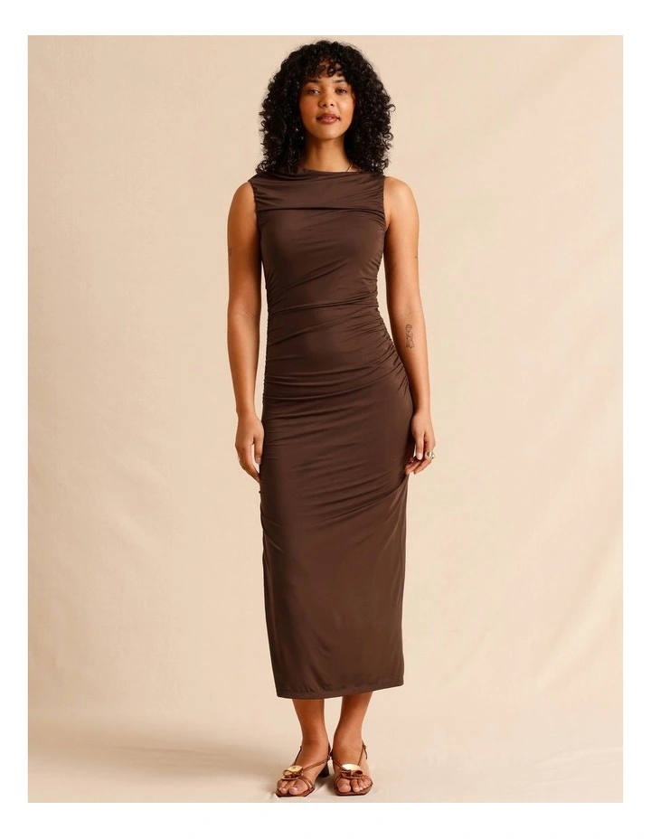 Tencel Blend Ruched Side Midi Dress in Chocolate image 3