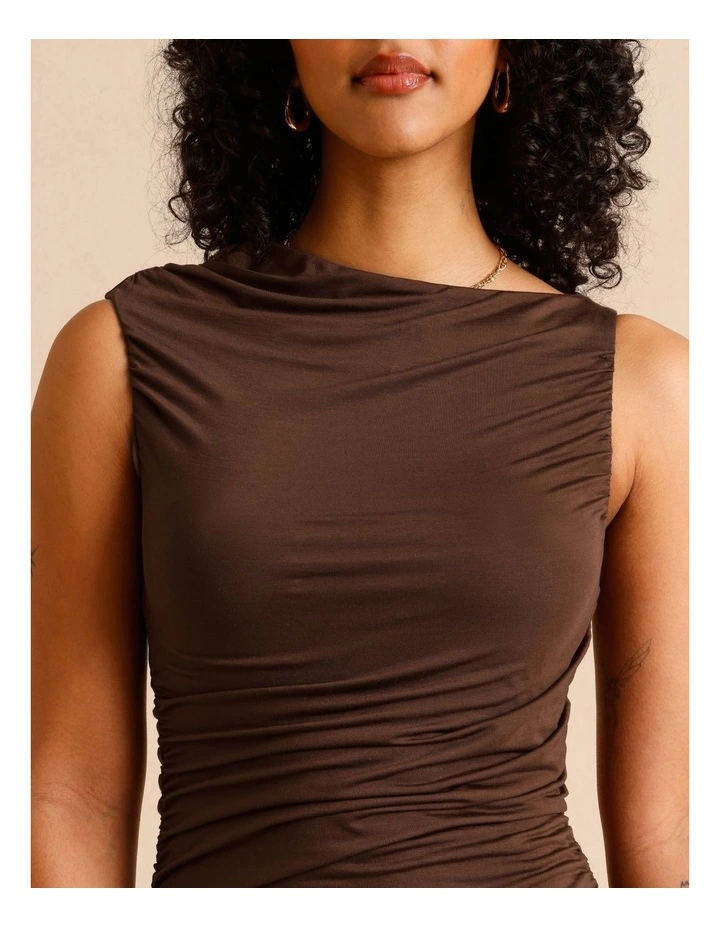 Tencel Blend Ruched Side Midi Dress in Chocolate image 4